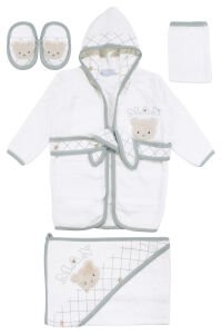 Erkek Bebek Beyaz Yeşil Man Ayılı Nakışlı Havlu Bornoz Set