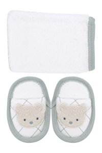 Erkek Bebek Beyaz Yeşil Man Ayılı Nakışlı Havlu Bornoz Set