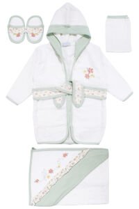 Kız Bebek Beyaz Yeşil Çiçek Nakışlı Havlu Bornoz Set