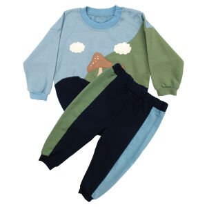 Erkek Çocuk Mavi Yeşil Mantar Desenli 2'li Takım