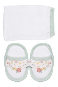 Kız Bebek Beyaz Yeşil Çiçek Nakışlı Havlu Bornoz Set