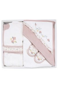 Kız Bebek Beyaz Pembe Çiçek Nakışlı Havlu Bornoz Set