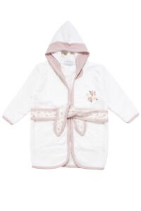 Kız Bebek Beyaz Pembe Çiçek Nakışlı Havlu Bornoz Set