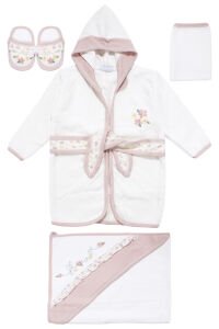 Kız Bebek Beyaz Pembe Çiçek Nakışlı Havlu Bornoz Set