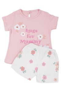 Kız Bebek Ekru Pembe Hugs For Mommy Çiçek Baskılı Şortl 2'li Takım