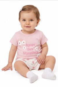 Kız Bebek Ekru Pembe Hugs For Mommy Çiçek Baskılı Şortl 2'li Takım