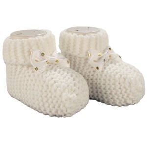 Unisex Ekru Puanlı Fiyonklu Triko Patik 0-6 Ay