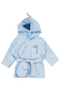 Erkek Bebek Mavi Dinazor Desenli Bornoz Set 0-6 Ay