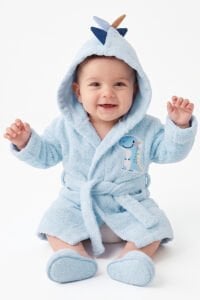 Erkek Bebek Mavi Dinazor Desenli Bornoz Set 0-6 Ay