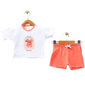 Kız Bebek Beyaz Turuncu Sweetest Yazılı Baskılı Şortlu 2'li Takım