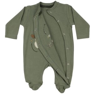 Erkek Bebek Haki Yeşil Gitarlı Ayıcık Desenli Çıtçıtlı Patikli Tulum