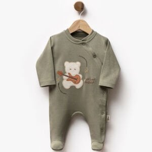 Erkek Bebek Haki Yeşil Gitarlı Ayıcık Desenli Çıtçıtlı Patikli Tulum