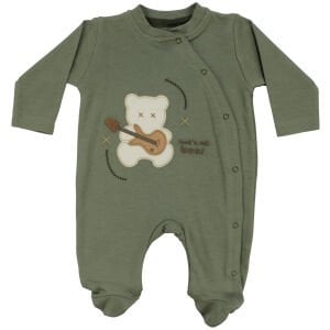 Erkek Bebek Haki Yeşil Gitarlı Ayıcık Desenli Çıtçıtlı Patikli Tulum