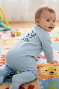 Erkek Bebek Mavi Laci Nakışlı İsimli İsme Özel Tulum