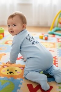 Erkek Bebek Mavi Laci Nakışlı İsimli İsme Özel Tulum