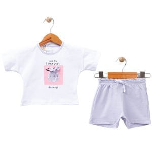 Kız Bebek Beyaz Lila Sweetest Yazılı Baskılı Şortlu 2'li Takım
