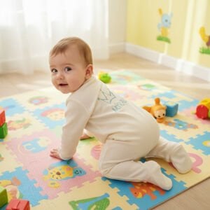 Erkek Bebek Ekru Mavi Nakışlı İsimli İsme Özel Tulum