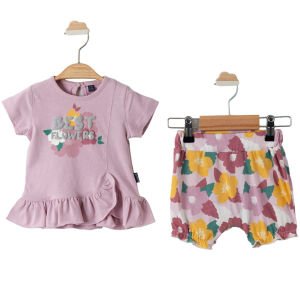 Kız Bebek Lila Best Flowers Baskılı Renkli Şortlu 2'li Takım