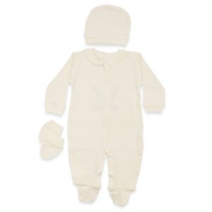 Erkek Bebek Ekru Mavi Nakışlı İsimli İsme Özel Tulum