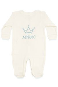 Erkek Bebek Ekru Mavi Nakışlı İsimli İsme Özel Tulum