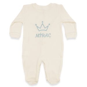 Erkek Bebek Ekru Mavi Nakışlı İsimli İsme Özel Tulum