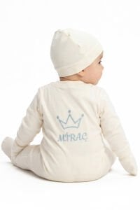 Erkek Bebek Ekru Mavi Nakışlı İsimli İsme Özel Tulum