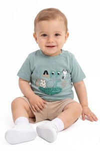 Erkek Bebek Yeşil Bej Happy Timsahlı Şortlu 2'li Takım