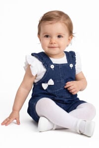 Kız Bebek Beyaz Laci Cepli Fiyonklu Kot Salopet Takım