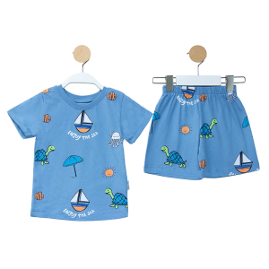 Erkek Bebek Mavi Yelkenli desenli Şortlu 2'li Takım