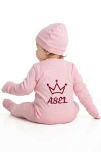 Kız Bebek Pembe Mor Taç Nakışlı İsimli İsme Özel Tulum