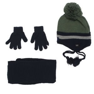 Erkek Çocuk Laci Yeşil Ponponlu Triko Eldiven Atkı Bere Set 1-4 Yaş