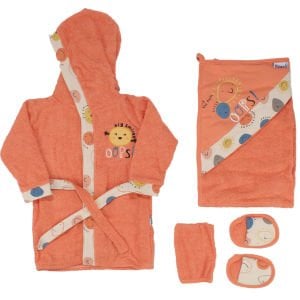 Erkek Çocuk Turuncu Ops Yazılı Güneşli Desenli 5 Parça Havlu Bornoz Set