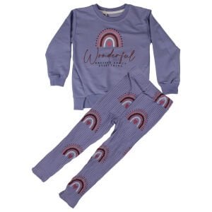 Kız Çocuk Mor Wonderful Yazılı Gökkuşağı Fitilli Taytlı 2'li Takım