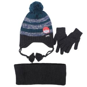 Erkek Çocuk Gri Yeşil Çizgili Ponponlu Triko Eldiven Atkı Bere Set 4-8 Yaş