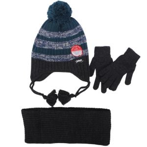 Erkek Çocuk Gri Yeşil Çizgili Ponponlu Triko Eldiven Atkı Bere Set 4-8 Yaş