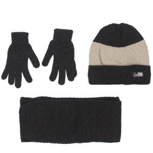 Erkek Çocuk Füme Kahve Şeritli Triko Eldiven Atkı Bere Set 4-8 Yaş