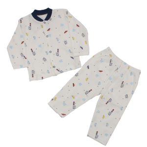 Erkek Bebek Beyaz Laci Yakalı Renkli Araba Desenli Pijama Takımı