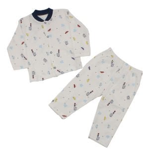 Erkek Bebek Beyaz Laci Yakalı Renkli Araba Desenli Pijama Takımı
