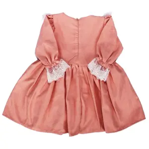 Kız Çocuk Somon Ekru Fırfırlı Gül Nakışlı Uzun Kollu Elbise