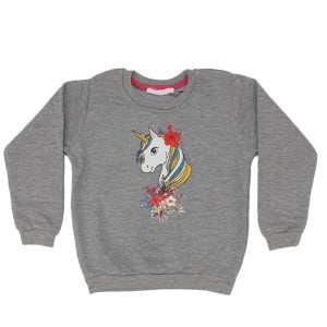 Kız Çocuk Gri Unicorn Desenli Tek Üst Sweat