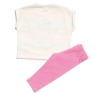 Kız Çocuk Pembe Renkli Çizgili Kiraz Nakışlı Taytlı 2'li Takım