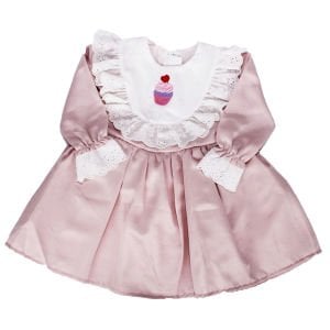 Kız Çocuk Pudra Ekru Fırfırlı Cupcake Nakışlı Uzun Kollu Elbise