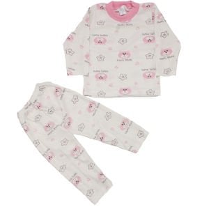 Kız Çocuk Beyaz Pembe Yıldızlı Ayılı Desenli 2'li Pijama Takımı