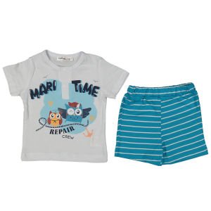 Erkek Bebek Beyaz Mavi Baykuş Baskılı Çizgili Şortlu Takım