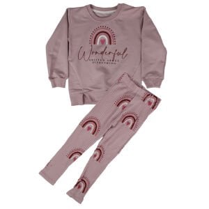 Kız Çocuk Gülkurusu Wonderful Yazılı Gökkuşağı Fitilli Taytlı 2'li Takım