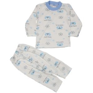 Erkek Çocuk Beyaz Mavi Yıldızlı Ayılı Desenli 2'li Pijama Takımı
