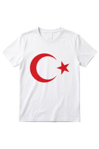 Unisex Beyaz Kırmızı Ay Yıldız Kısa Kollu Bayrak Tişört