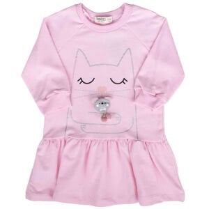 Kız Çocuk Pembe Kedi Baskılı Uzun Kollu Elbise