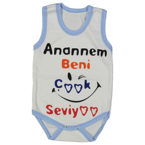 Unısex Beyaz Mavi Biyeli Anaannem Beni Seviyor Yazılı Askılı Zıbın