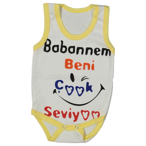 Unısex Beyaz Sarı Biyeli Babaannem Beni Seviyor Yazılı Askılı Zıbın